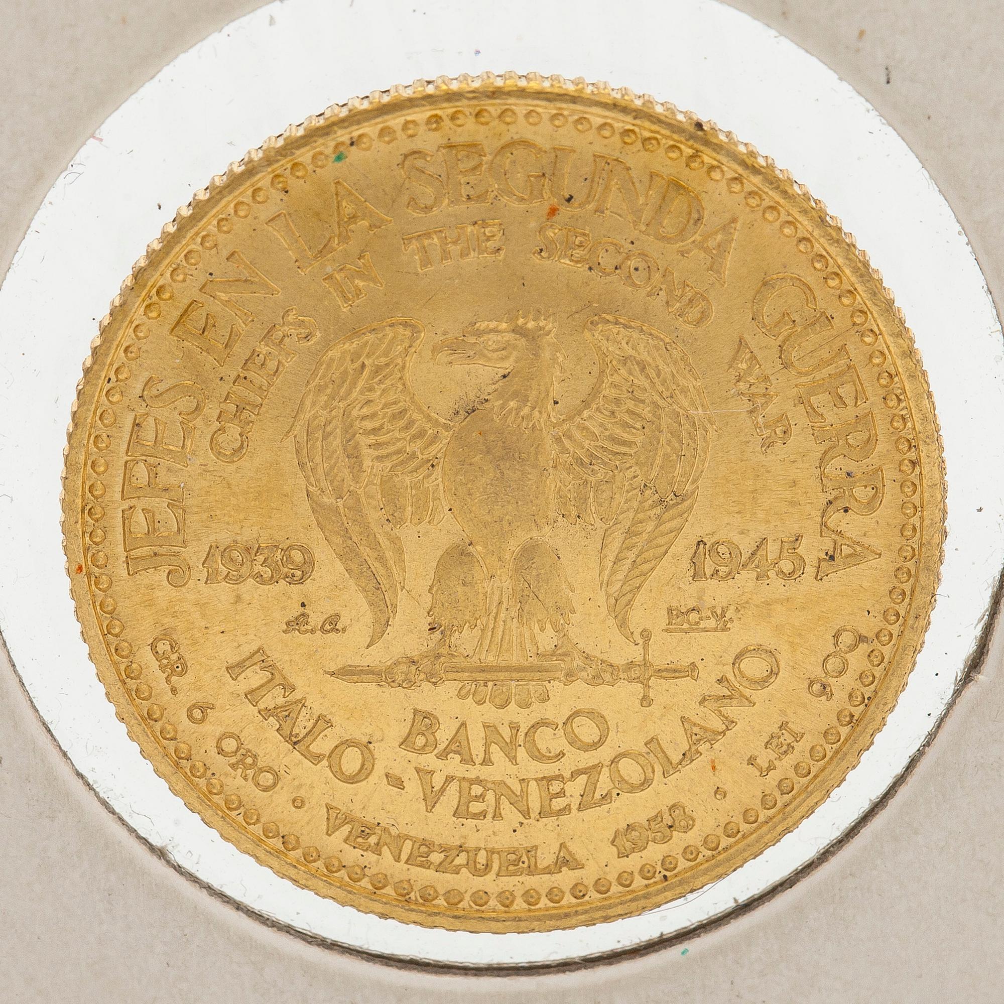A commemorative coin of Mannerheim, gold, Venezuela 1958. Banco Italo-Venezuela.