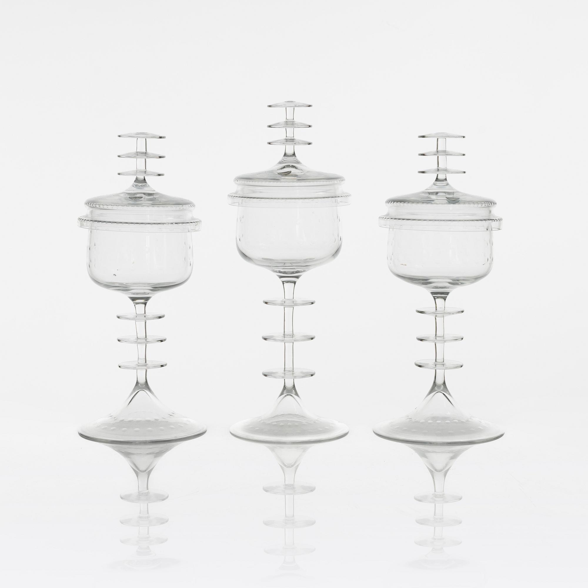 Nils Landberg, three lidded glass cups, Sandviks, Sweden, 1960's.