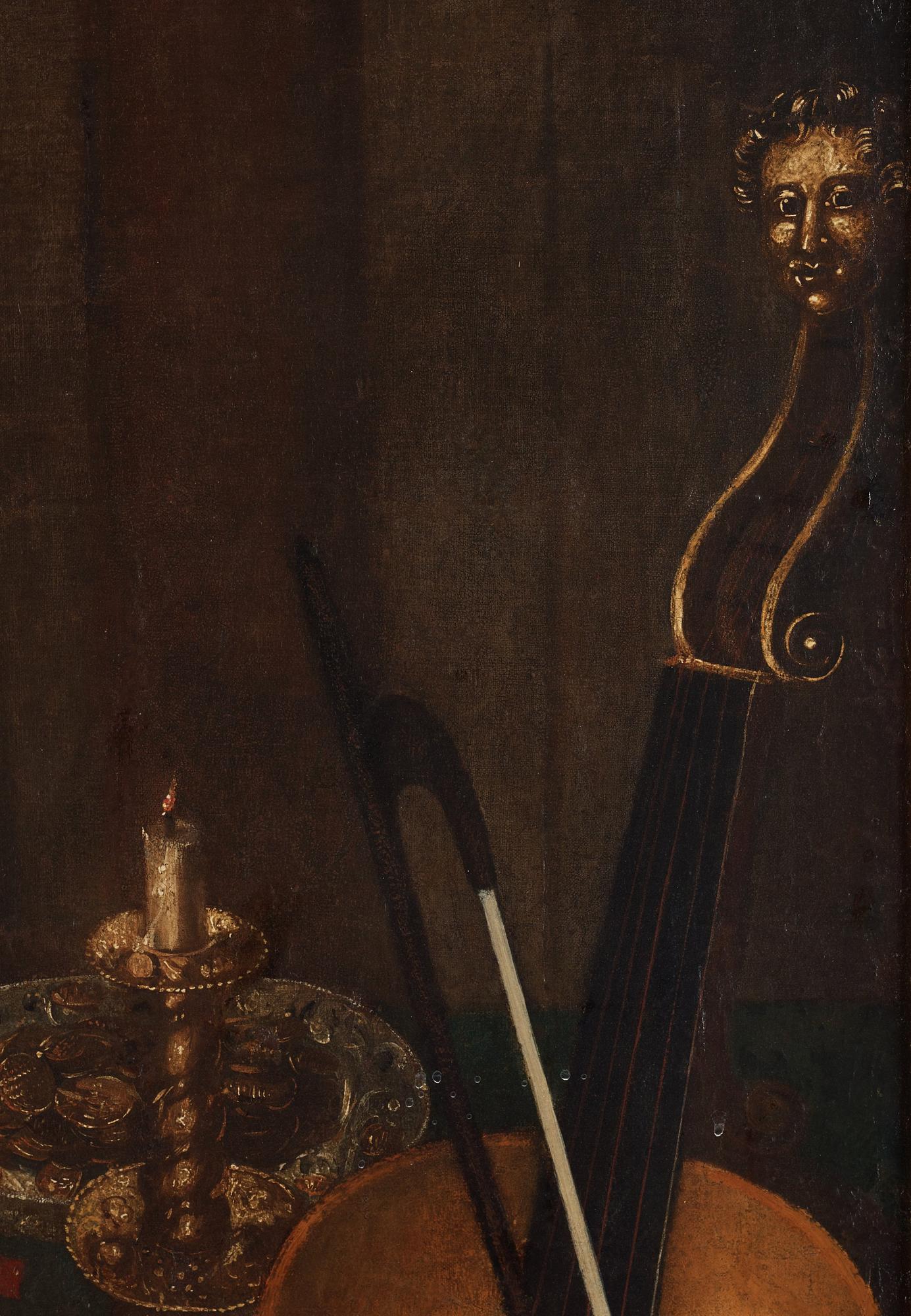 Vanitas med silverföremål, musikinstrument och döskalle.
