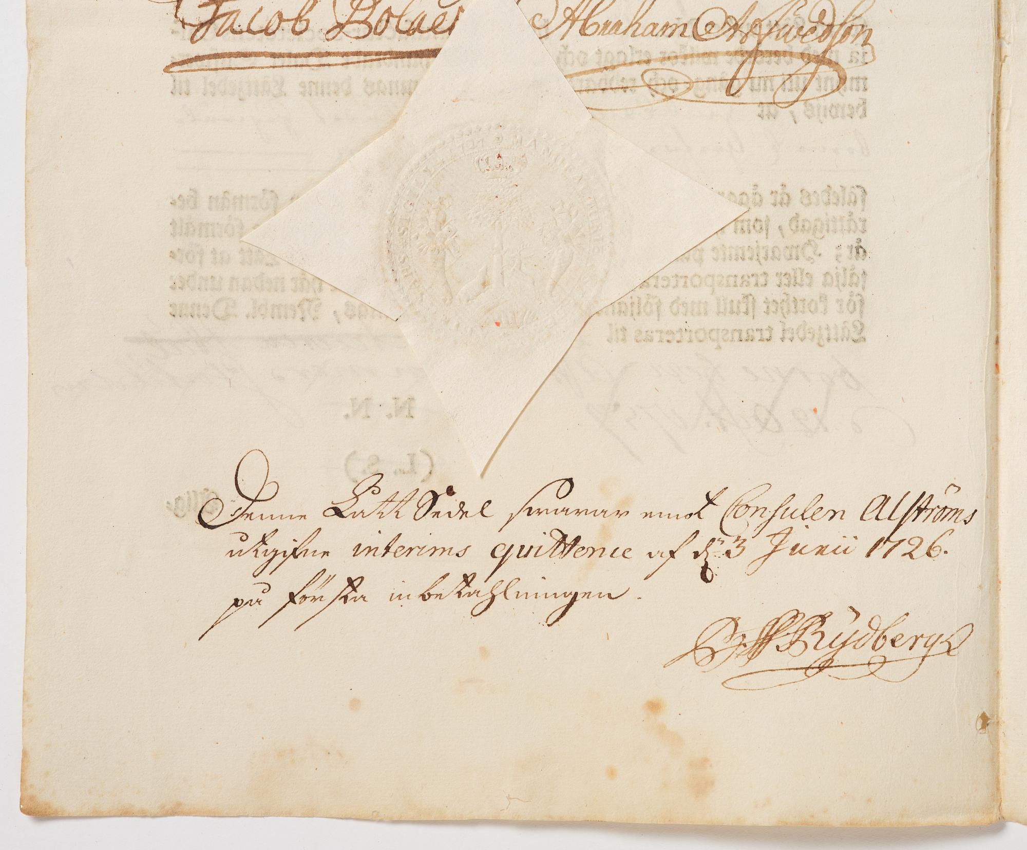 Aktiebrev, Ahlingsåhs Manufaktur Werk (Manufactur-Societet), No 43, 1728.