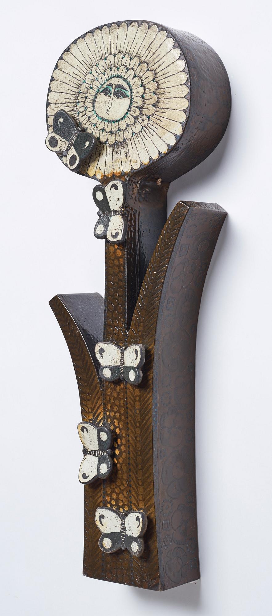 Birger Kaipiainen, a glazed ceramic sculpture of a sunflower with butterflies, Rörstrand, Sweden 1950's.