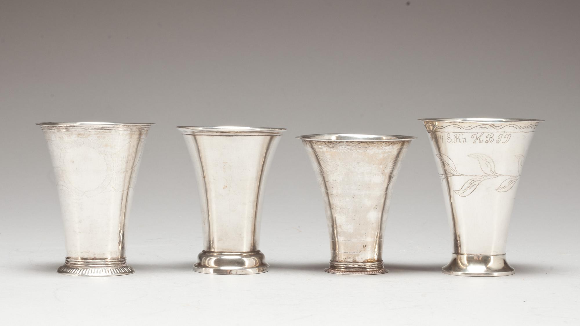 BÄGARE, silver, 4 st. 17/1800-tal. Bl.a Biugg, Jönköping. Vikt ca 210 gr.