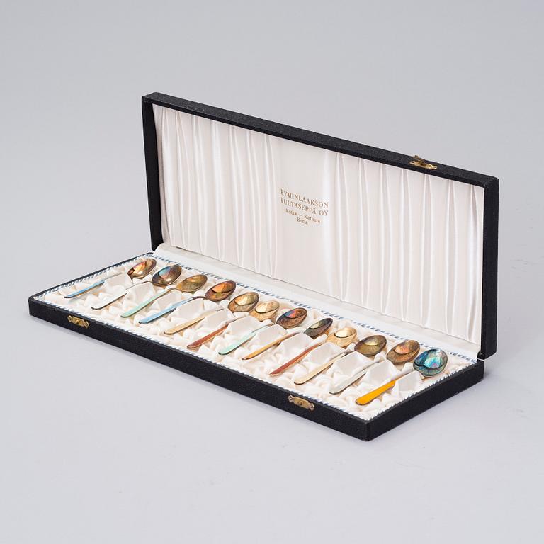 TWELVE ENAMEL MOCCA SPOONS, gilt silver, Tillander, Helsinki 1953.