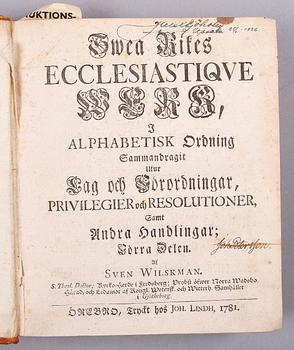 BÖCKER, 2 st, "Swea Rikes Ecclesiastique werk i alphabetisk ordning...", Örebro 1781.