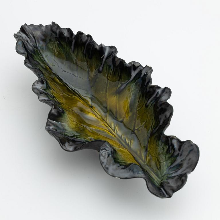 Pol Chambost, a glazed ceramic leaf shaped bowl or dish, signed.