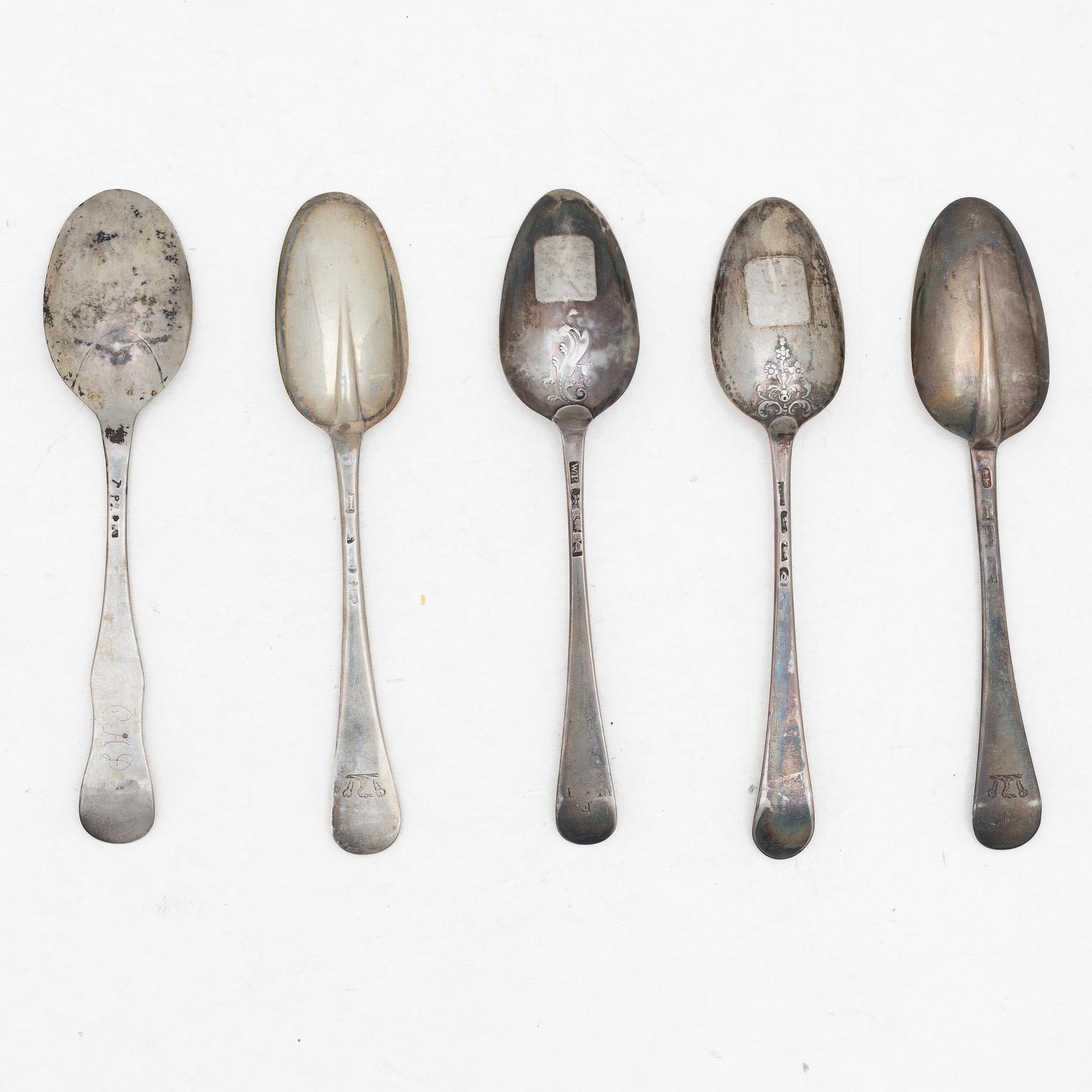 Five silver spoons, England and Sweden, 18th century.