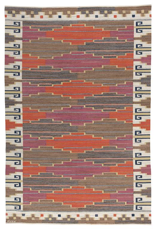 CARPET. "Bruna heden". Flat weave. 303,5 x 202 cm. Signed AB MMF.