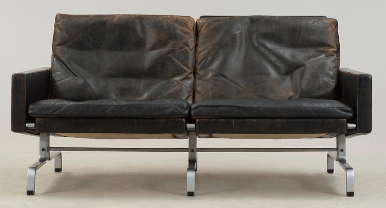 A Poul Kjaerholm 'PK-31-2' steel and black leather sofa, E Kold Christensen, Denmark.