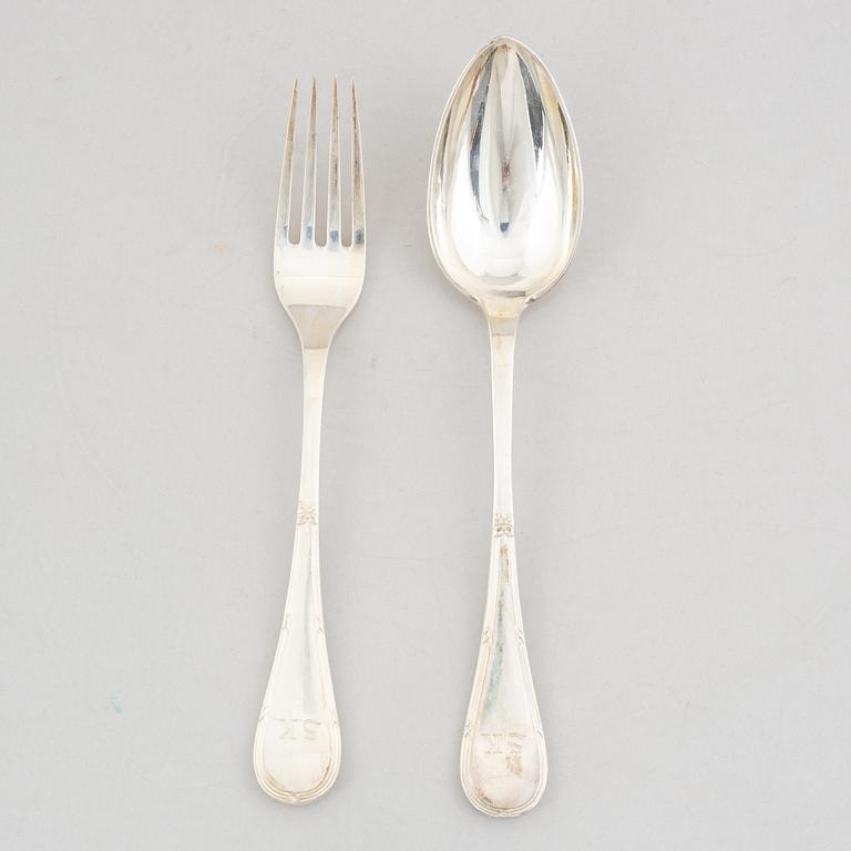 Uppsättning skedar och gafflar, 14 delar, silver, "Rosett", bl.a. Bernt Erlandsson, Kristianstad, 1912-32.
