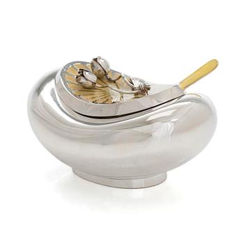 Sugar bowl and spoon, silver and enamel, the bowl by Anita Sarlin. Tillander, Helsinki, 1950.
