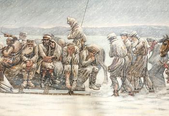 Okänd konstnär 1900-tal ,  Fångar på marsch i vinterlandskap.
