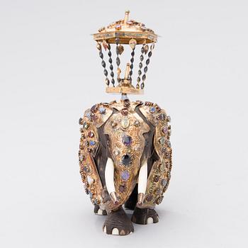 A SRI LANKAN ELEPHANT SCULPTURE, wood, silver and semi-precious stones, second half of the 20th century.