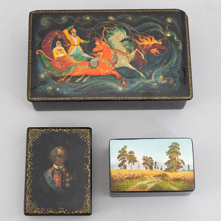Three lacquer-ware boxes, Russia, 19th/20th century.