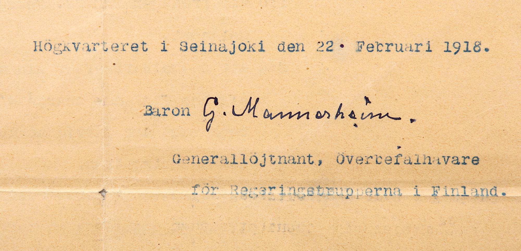 Gustaf Mannerheim 1867-1951, Finland, baron, military leader and statesman. Signed document Swedish Brigade 1918.