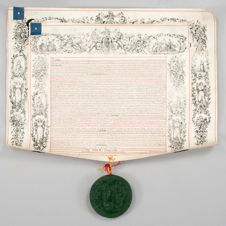 A British letter of patent with wax seal conferring upon Sir Henry Wheatley (1777-1852) the title and rank of Baronet.