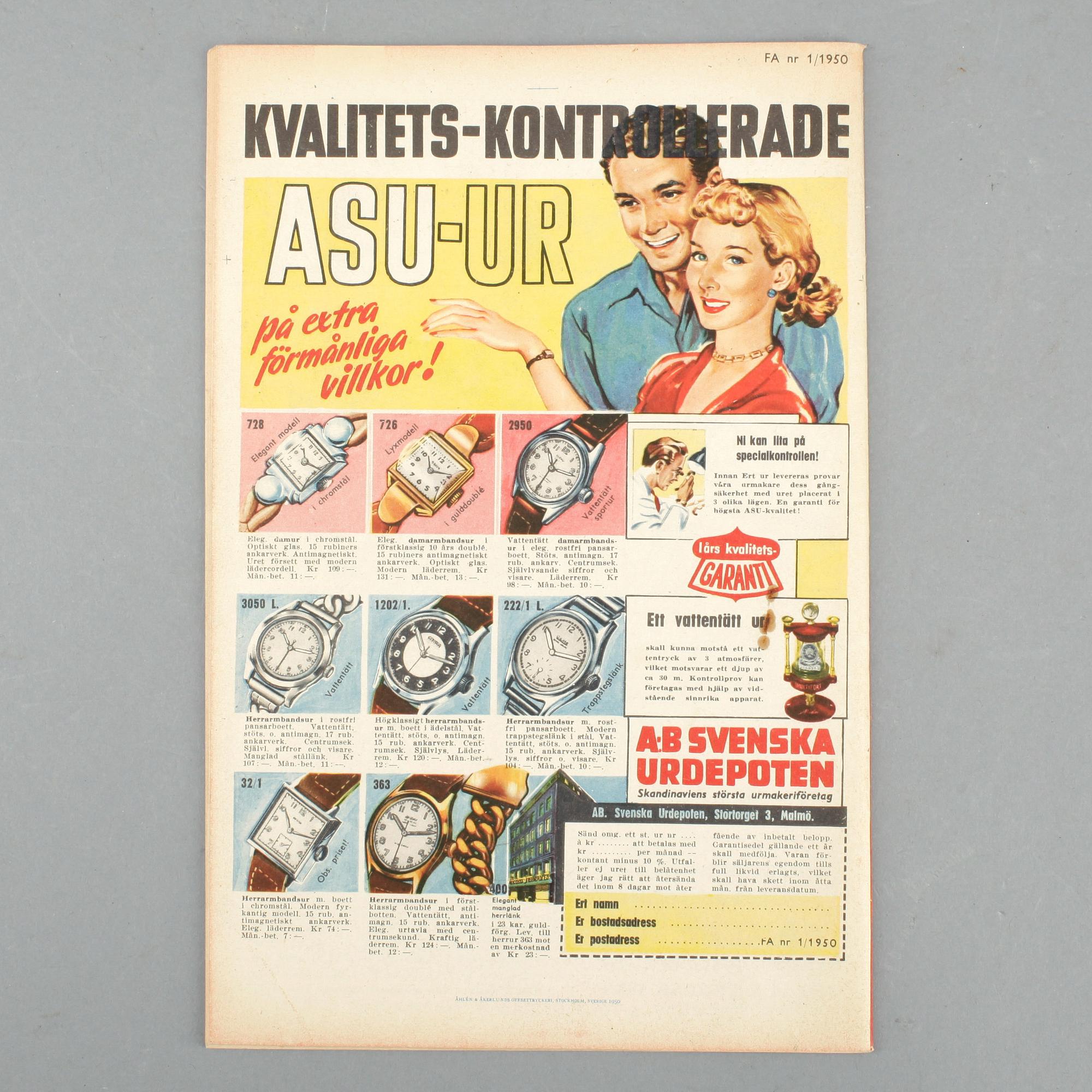 SERIETIDNING, "Serietidningen Fantomen", nr 1, 1950. Serieförlaget, Åhlén & Åkerlunds Offsettryckeri, Stockholm.