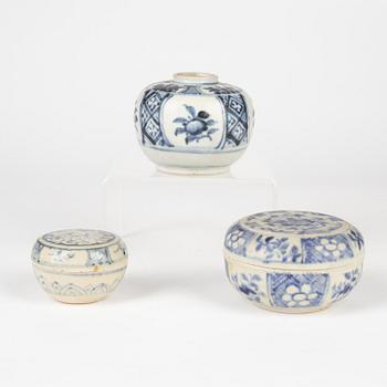 A group with two blue and white Sawankhalok boxes with covers and a jar, Thailand, 14th/17th Century.