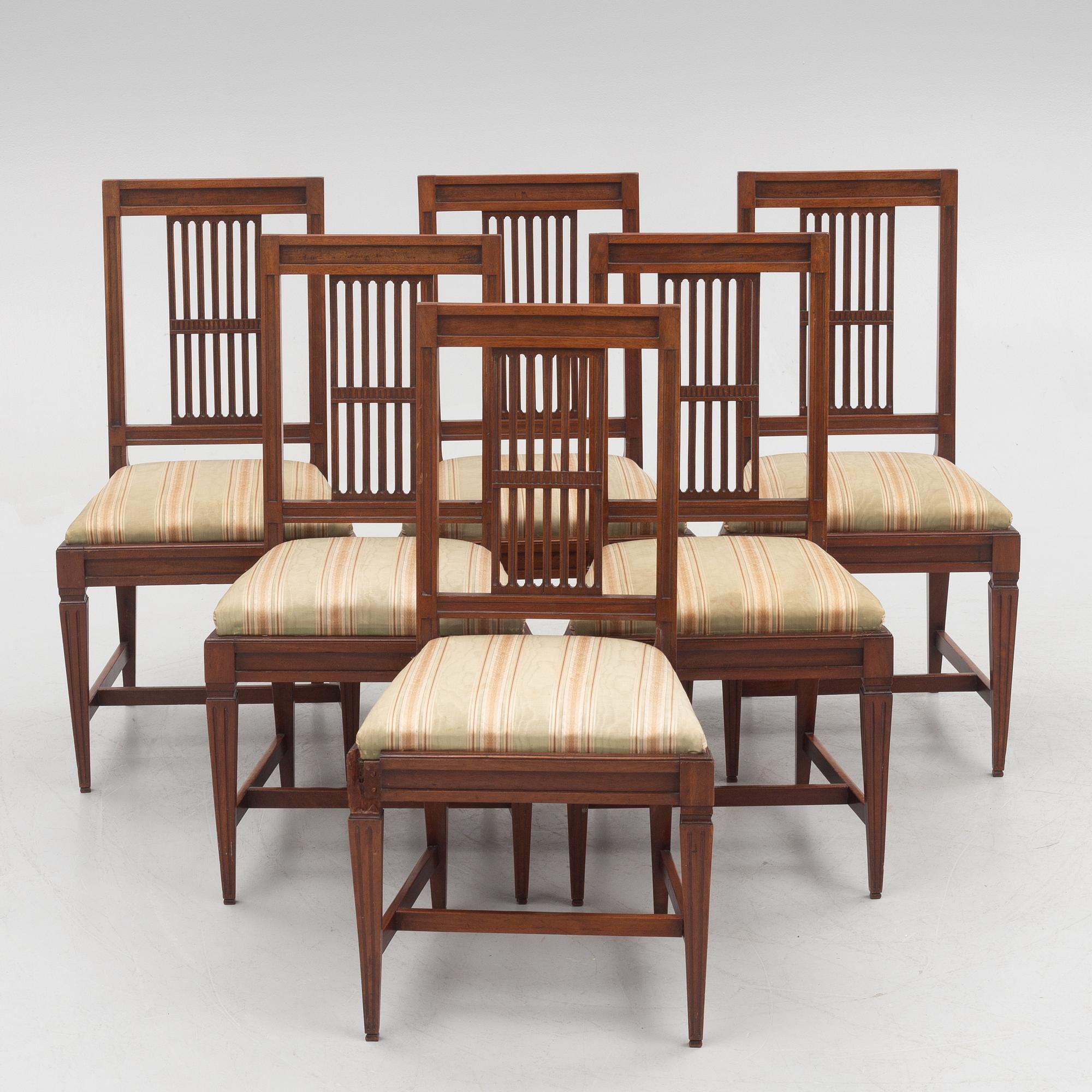 Six lat Gustavian chairs by Carl Johan Wadström, Stockholm (1758-1816, mästare 1788).