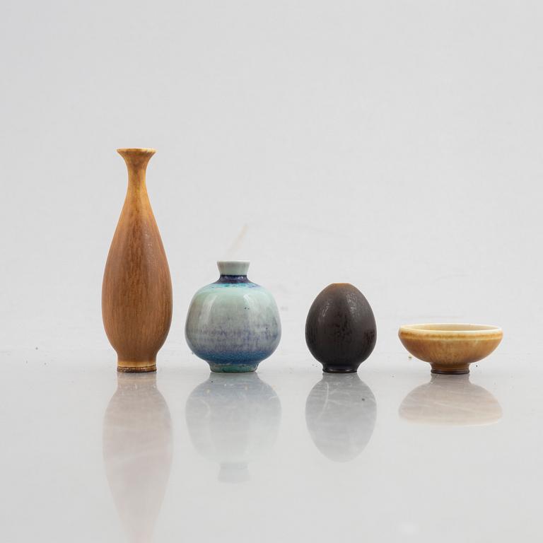 Berndt Friberg, a set of four stoneware miniatyres, Gustavsberg Studio (three vases, one bowl).