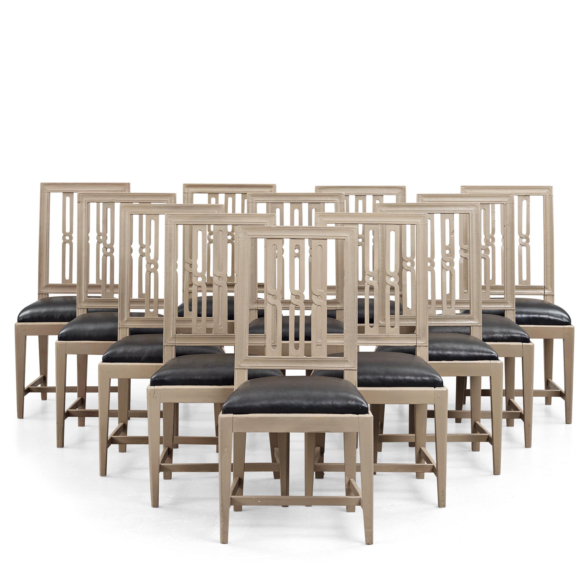 Twelve late Gustavian late 18th century chairs.