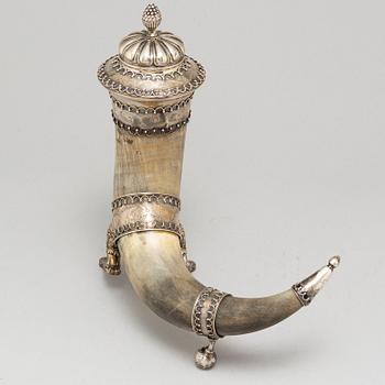 SAMUEL PETTERSSON, a silver and horn drinking horn, Linköping Sweden 1895.