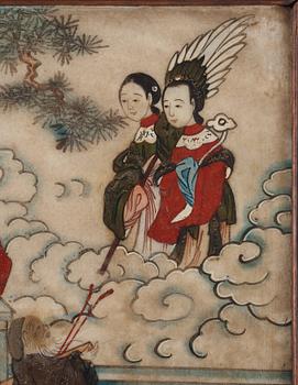 A painted stone placque for a table screen, depicting daoist immortals avaiting the arrival of Xi Wangmu, Qing dynasty.