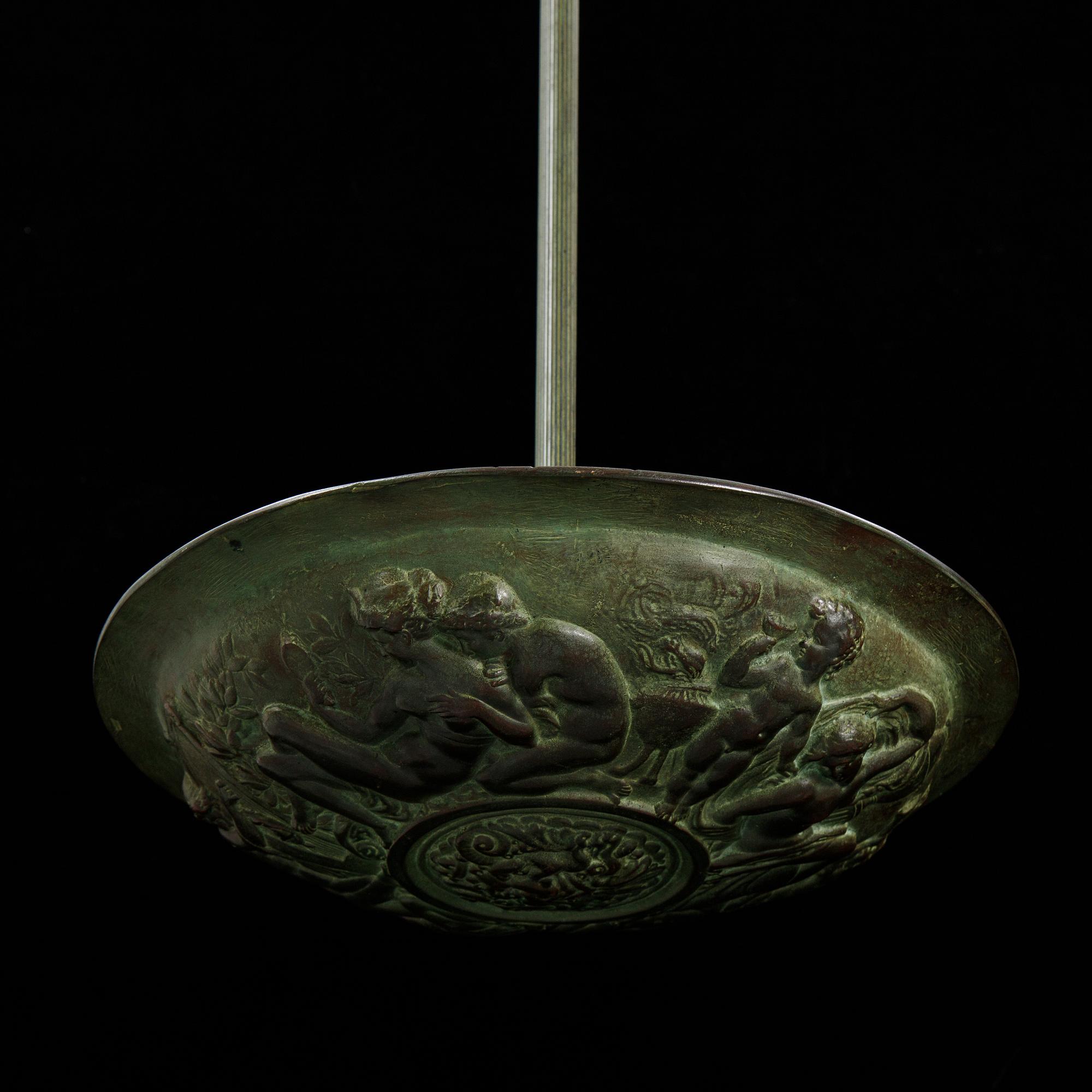 A bronze art déco ceiling light, Bracia Łopieńscy, Warszaw, 1920's/30's.