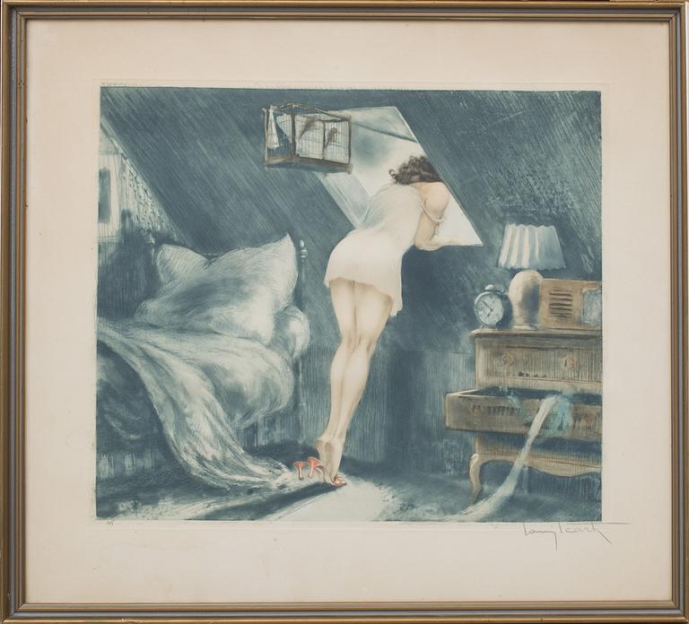 LOUIS ICART, etsning, signerad "Attic room" utförd 1940.