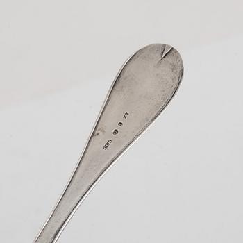 Two Swedish Silver Sprinkle Spoons, marks of  Nils Arf, Stockholm 1790, and Carl Gustaf Hjulström, Köping 1828.