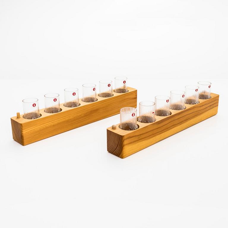 Tapio Wirkkala, two sets of six 'Niva' schnapps glasses in original wooden boxes. Iittala.