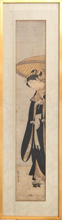 Suzuki Harunobu, dam i svart med paraply.