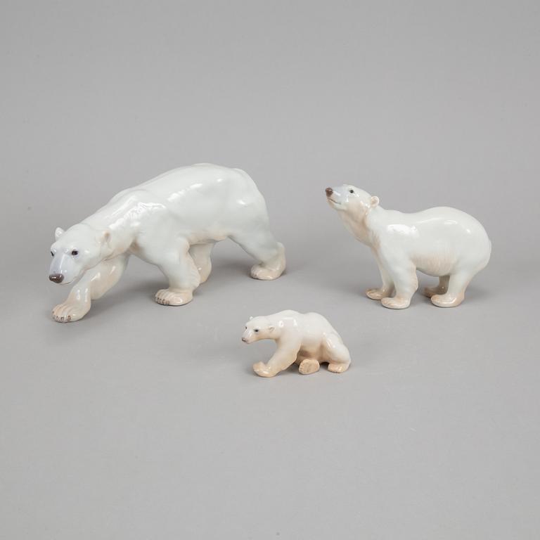 Bing & Grøndahl, three porcelain polar bears, Denmark.