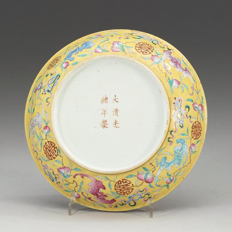 A Chinese yellow glazed dish, presumably Republic with Guangxu six character mark.