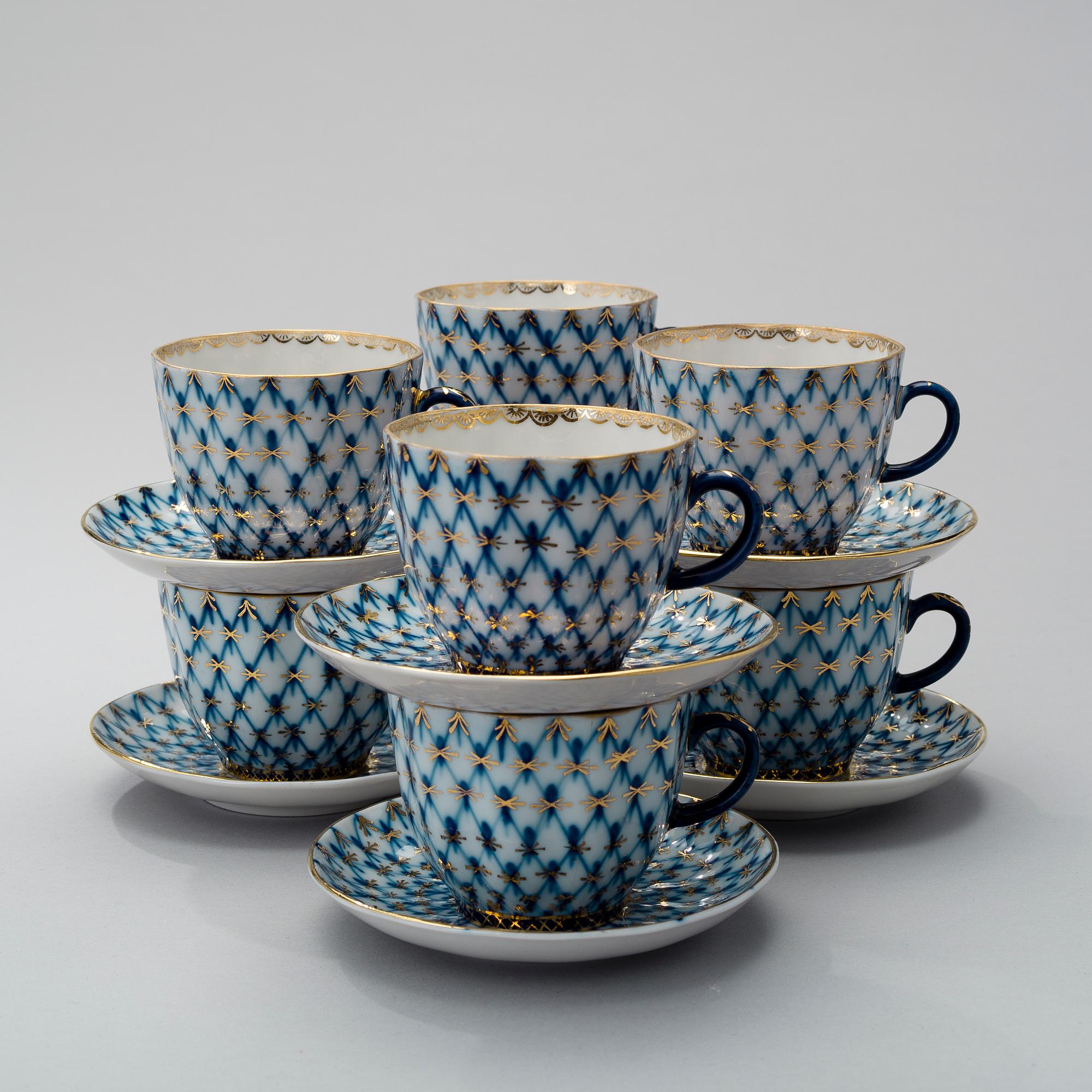 KAFFESERVIS, 17 delar, porslin, "Blue net", Lomonosov, Sovjet, 1980-tal.