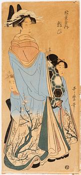 Three UTAMARO KITAGAWA (c.1753-1806) color woodblock prints, Japan, Beauties.