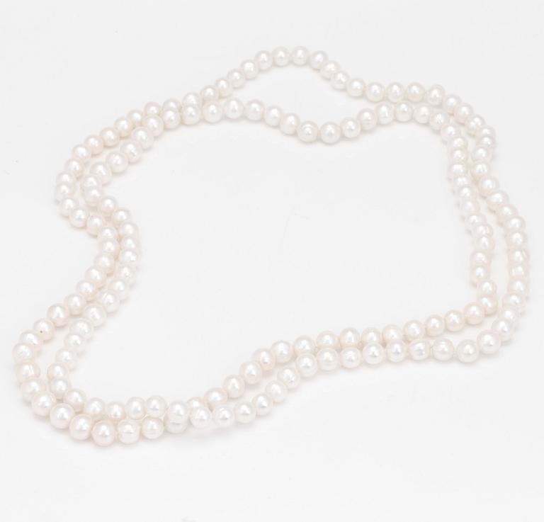 A necklace of cultured, fresh-water pearls.