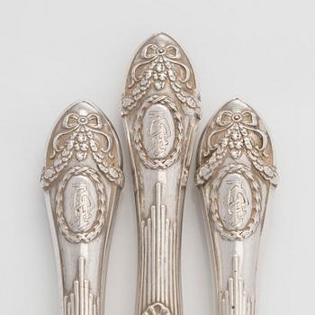 A set of six parcel-gilt forks, maker's mark of Mihail Bogdanov, Saint Petersburg 1892-1912.