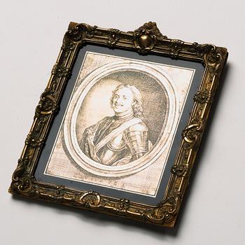 A 18th century reverse glass painting of Peter the Great, after Carel de Moor, Gilt bronze rococo frame.