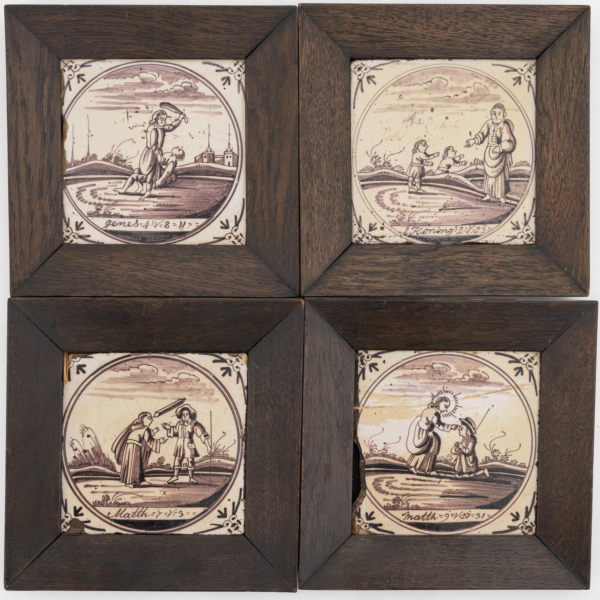 A group of four tiles, probably 18th Century, Holland.