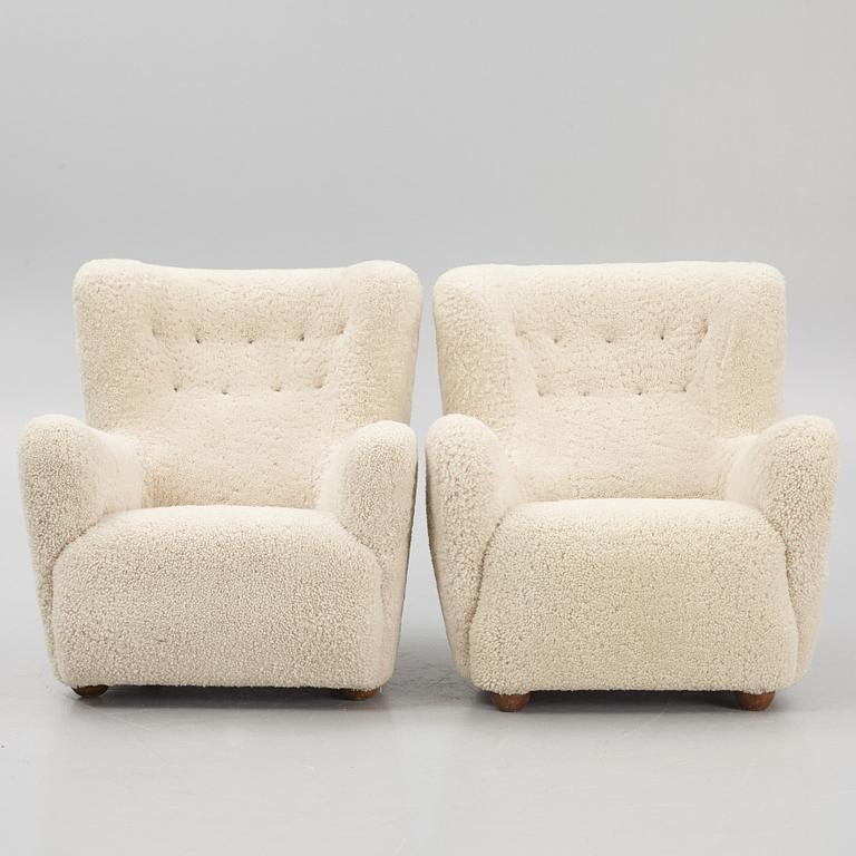 A pair of Danish Modern sheepskin armchairs, 1930's/40's.