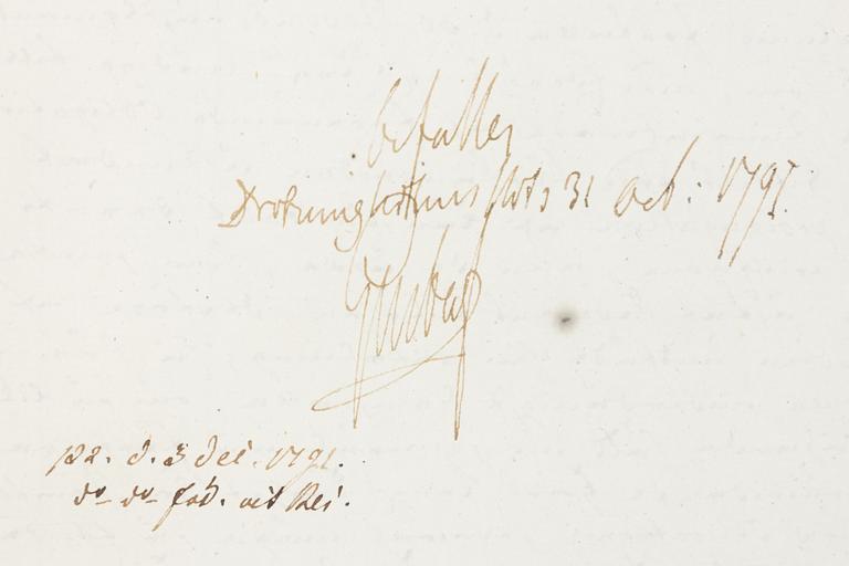 Autograf, Kung Gustav III, Drottningholms slott, 31 oct, 1791. Proveniens: Prof. Torsten Eklund.