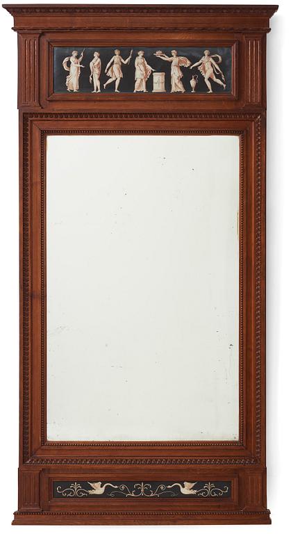 A carved and inset gouache late Gustavian mirror, late 18th century.