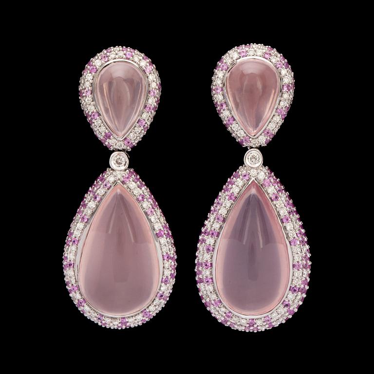 A pair of rose quartz, diamond 1.82 cts in total, and pink sapphire 3.94 cts in total, earrings.