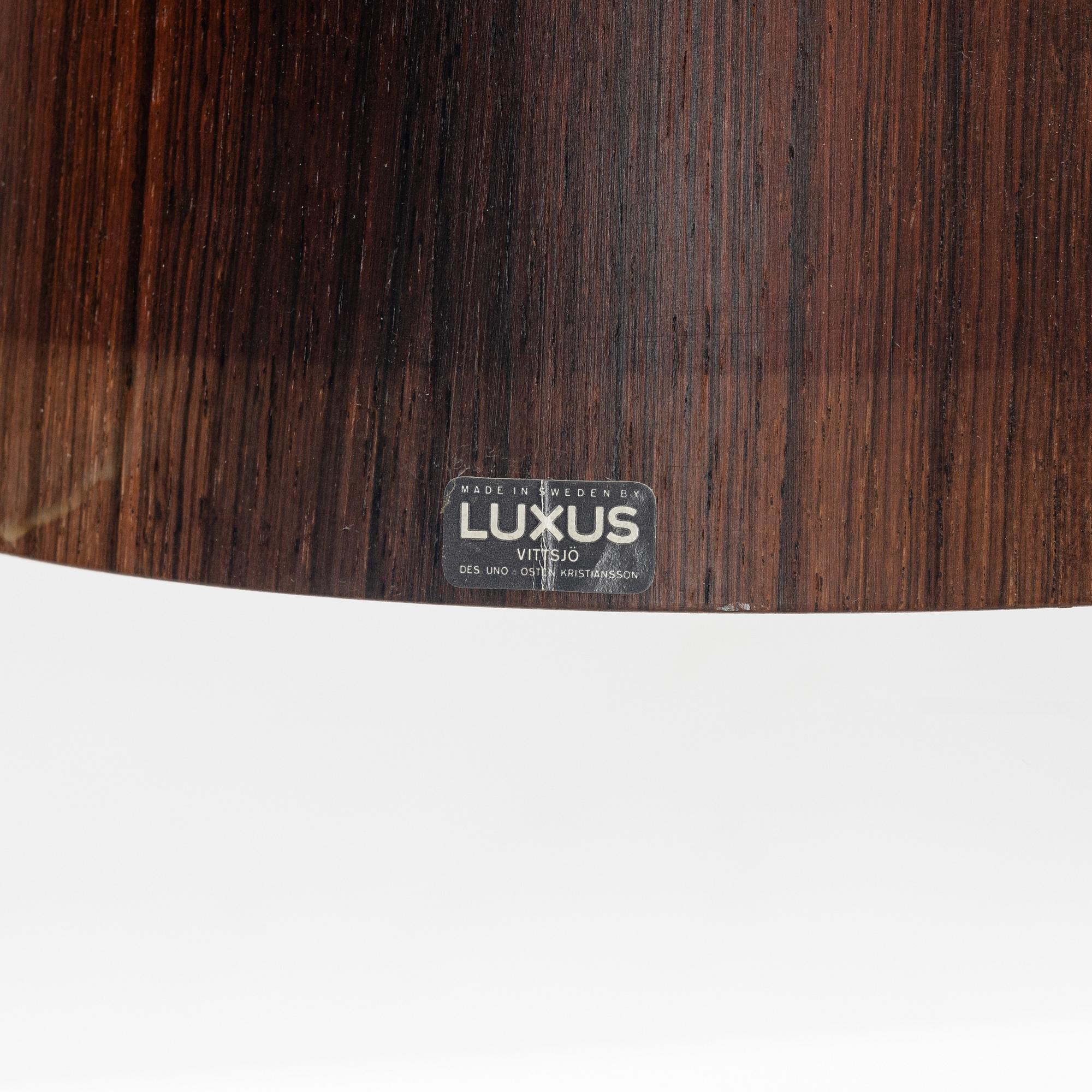 Uno & Östen Kristiansson, a pair of rosewood veneered model 506 ceiling lights, Luxus, Vittsjö, 1960's.