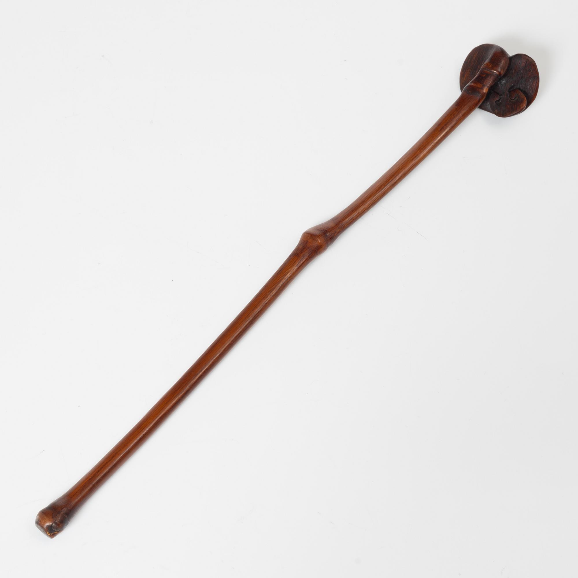 A hardwood bamboo shaped brushpot with a sceptre, China, 20th century.