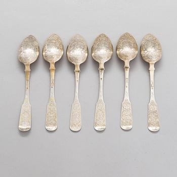 A set of six parcel-gilt silver table spoons, maker's mark of Anton Chevarzin and Maksim Funtikov, Moscow, Russia 1854.