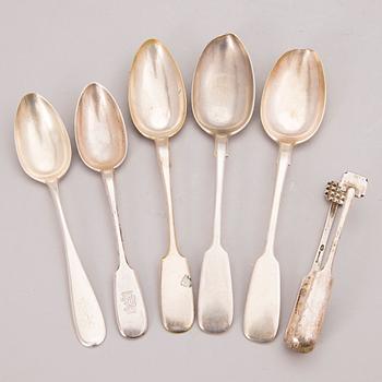 Set of five late 19th Century Russian silver spoons and a sugar tong.