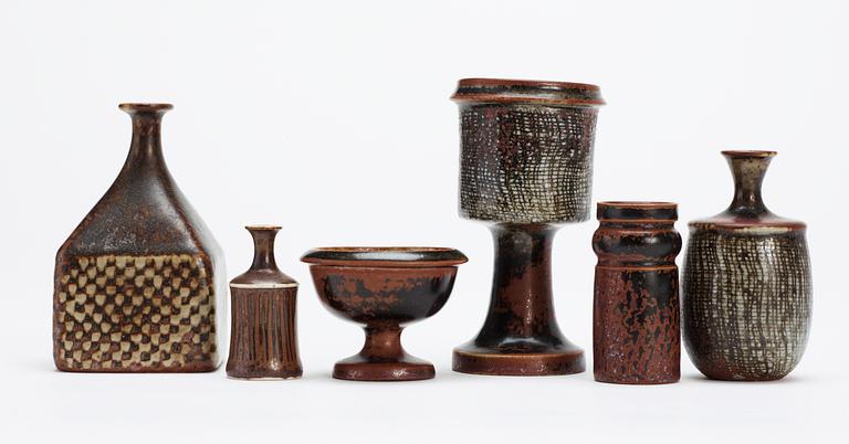 A set of six Stig Lindberg stoneware miniatures, Gustavsberg studio 1960's-70's.