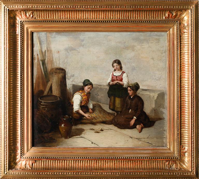 OKÄND KONSTNÄR, olja på pannå, otydligt signerad, 1800-talets andra hälft.