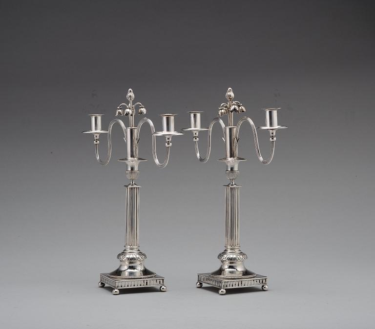 A pair of Swedish 18th century silver candleabra,  mark of Pehr Zethelius, Stockholm 1799.